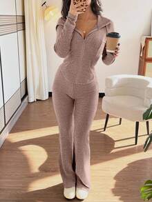 Rafferiza 2 件套女式休闲连帽运动衫，带口袋和罗纹喇叭裤套装，适合日常穿着，秋冬 - 淺粉色 - 查看 5