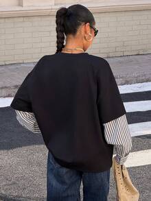 Muchica Women's New London Slogan Print Patchwork Round Neck Loose Long Sleeve T-Shirt - Black - View 2