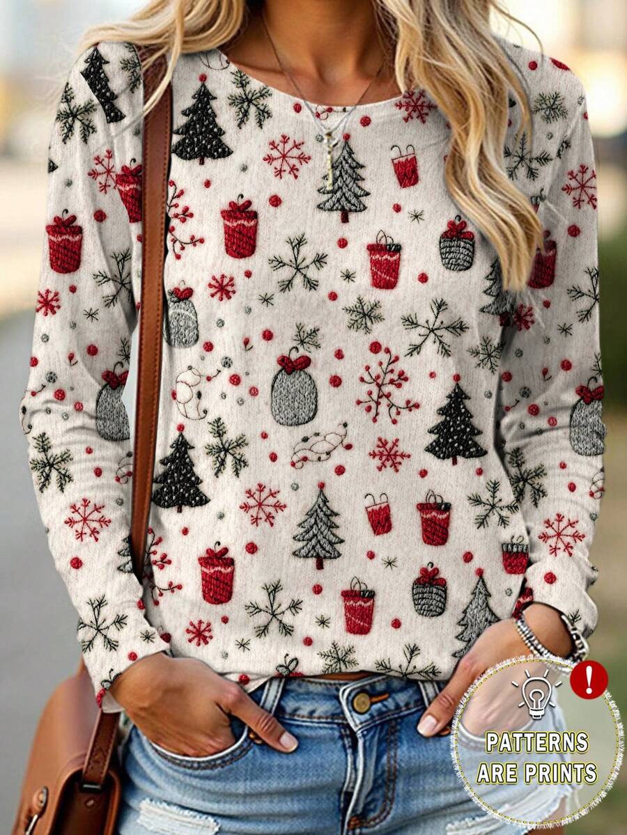 SHEIN LUNE Women's Christmas Tree Cartoon Print Long Sleeve T-Shirt - Multicolor - View 1