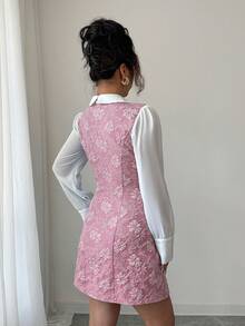 Elenzga 女式拼色蝴蝶结装饰二合一优雅浪漫连衣裙 - 粉色 - 查看 2