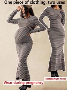 Boho Mama 孕妇条纹圆领长袖鱼尾下摆修身优雅连衣裙 - 棕色 - 查看 2