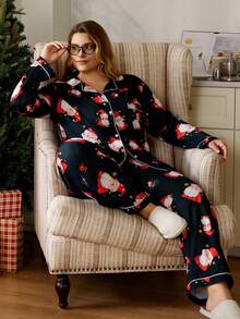 SHEIN Set pijamale cu cardigan și pantaloni cu guler răsturnat, mărime mare, Crăciun - Negru - Vizualizare 3