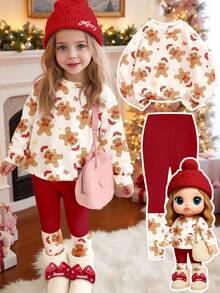 SHEIN Bộ đồ Happikins chủ đề Giáng sinh, hình người bánh gừng dễ thương và vui nhộn, họa tiết nơ, gồm áo nỉ dài tay cổ tròn và quần legging, thích hợp cho bé gái mặc hàng ngày vào mùa thu/đông, dịp năm mới, phong cách đường phố và các ngày lễ. - Nhiều màu - Xem 1