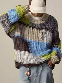 Chillumni Maglione casual da uomo con blocchi di colore e patchwork, adatto per autunno/inverno