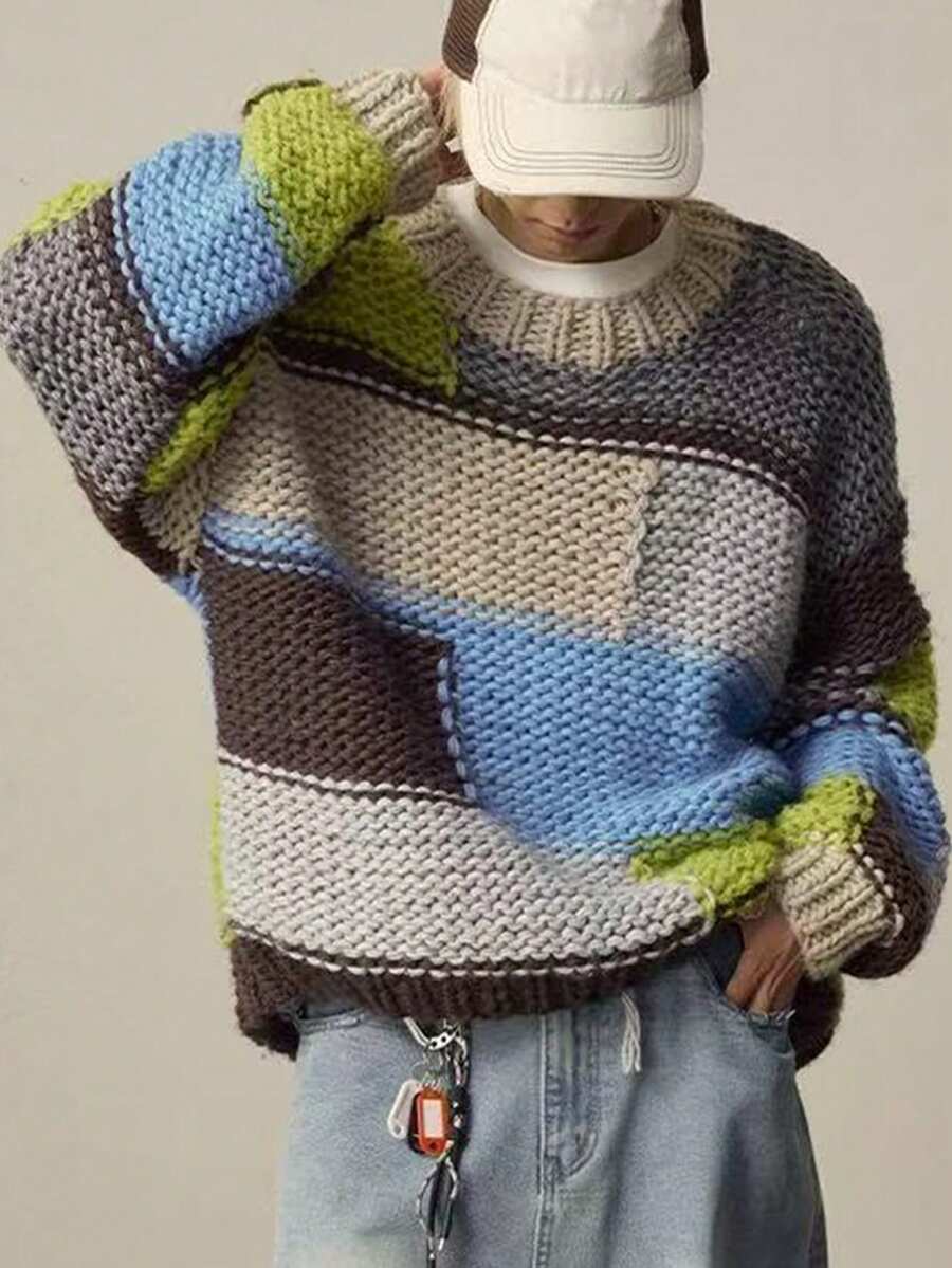 Chillumni Maglione casual da uomo con blocchi di colore e patchwork, adatto per autunno/inverno