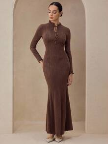 Graceveil Coffee Color Fluffy Knit High Stretch Party & Casual Long Dress For Women, Autumn/Winter - Coffee - View 3