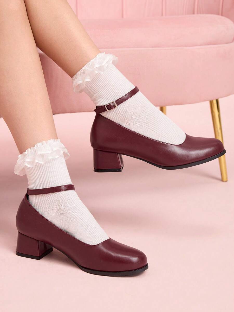 CUCCOO DOLLMOD Sepatu hak tebal ujung bulat polos polos dengan detail lubang di bagian dalam untuk wanita. - Burgundy - View 1