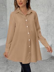 SHEIN Camicia lunga casual monopetto a maniche lunghe di colore unito per gravidanza