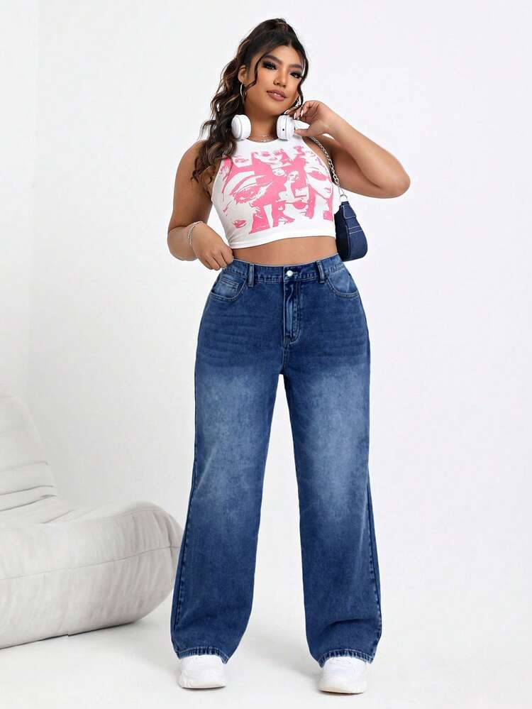 SHEIN EZwear Quần jean ống rộng cạp cao lót nhiệt dáng rộng thường ngày cho nữ cỡ lớn - Màu xanh lam - Xem 3
