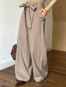 DAZY Quần ống rộng trơn màu rộng rãi có thắt lưng cho nữ, thường ngày mùa thu/đông - Màu Khaki - Xem 4
