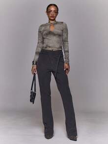 MUSERA Mid Rise Fitted Adjustable Back Strap Belt Loop Flared Fit Trousers Autumn Winter Fall Going Out Everyday Night Out Casual Cool Streetwear Washed Thanksgiving - Dark Grey - View 1