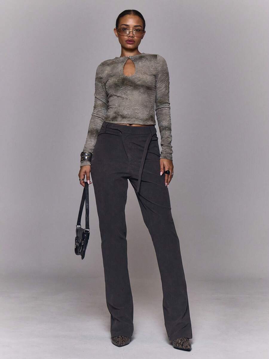 MUSERA Mid Rise Fitted Adjustable Back Strap Belt Loop Flared Fit Trousers Autumn Winter Fall Going Out Everyday Night Out Casual Cool Streetwear Washed Thanksgiving - Dark Grey - View 1