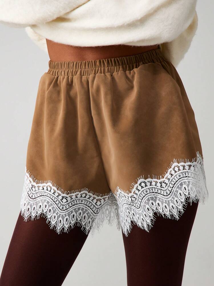 MISSGUIDED Women's Suede Lace Trim High Rise Mini Shorts With White Crochet Hem Detailing