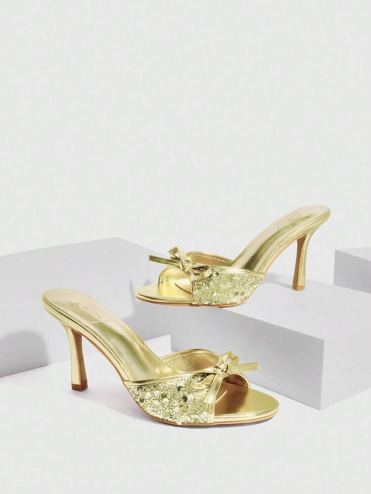 CUCCOO SZL Women's Gold Metallic Bowknot Fashionable Sexy Elegant Round Toe Mule High Heel Sandals, Suitable For Party And Nightclub