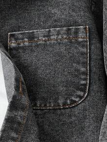 SHEIN Genkimix Kids 小男孩牛仔衬衫，带口袋，字母印花和标志，休闲时尚街头服饰，酷炫返校风 - 黑色 - 查看 4