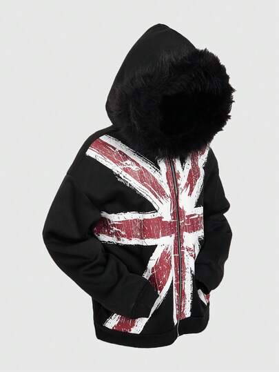 Street Life Sudadera con capucha con cremallera y estampado de la bandera del Reino Unido con cuello de piel, casual para otoño/invierno para hombres