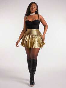 Radiana 大码女式休闲街头风金色弹力PU涂层面料抽绳褶皱腰双层喇叭迷你裙，适合日常穿着、音乐节、演唱会、狂欢派对、海滩度假、约会之夜、生日、单身派对、夜店、可爱、休闲、购物、街头风、外出等场合，金色高腰裙 - 金色 - 查看 6