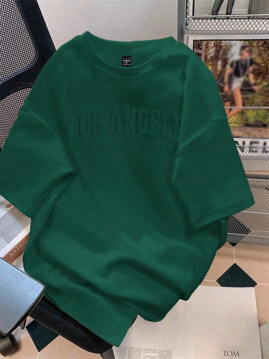 Manfinity Joysei Olive Green Branded Men's Letter Embossed Crew Neck Short Sleeve Casual Slim Fit T-Shirt Green T Shirt - Dark Green - View 1
