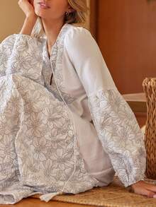 Lullawish Casual Bohemian Loose Long Sleeve Maxi Sleep Dress For Women, Embroidered Night Gown, Winter, Moo Moo Night Dress - White - View 1