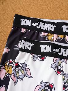 TOM & JERRY X SHEIN 2件装男士撞色字母腰带印花舒适平角裤 - 黑與白 - 查看 6
