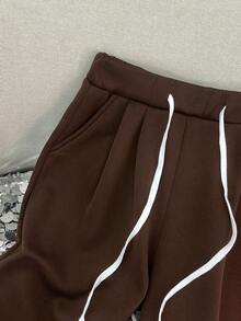SHEIN Franclia 女士休闲褶皱保暖内衬运动裤，适合通勤休闲，秋冬季 - 咖啡棕 - 查看 3