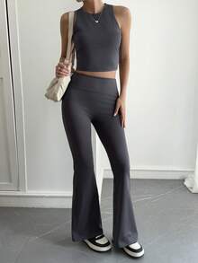 DAZY 女式高领无袖修身上衣和喇叭裤运动套装 - 灰色 - 查看 4