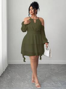 Elenzga Vestido de mujer talla grande con hombros descubiertos, manga acampanada y unicolor - Verde militar - Ver 5