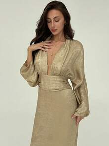 Aloruh Women's Champagne Gold Deep V-Neck Elegant Long Sleeve Gold Foil Dress,Autumn Dining Party Evening Wedding Guest Dresses,Chic Date Outfit - Gold - View 4
