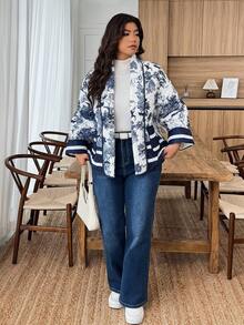 Weeklong Plus Size Women's Colorful Placement Print Contrast Trim Open Front Loose Padded Coat, Autumn/Winter - Multicolor - View 3