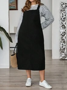 SHEIN CURVE+ Plus Size Solid Color Women Sleeveless Loose Casual Versatile Denim Dress,Christmas,Halloween,Stylish Commuter,Casual For Autumn/Winter,Casual Minimalist Basic , Suitable For Autumn/Winter , Suitable For Vacation, Party, Date, Gathering,Casual Versatile Suitable For Christmas, Halloween, Back To School, Vacation, Office Wear