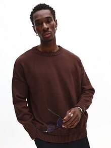 SUMWON 男士针织毛衣长袖圆领套头衫秋冬休闲针织衫，男士仿叠层毛衣，INS 热销款式，假日完美之选，舒适厚实面料，极致保暖，纯色 - 棕色 - 查看 4