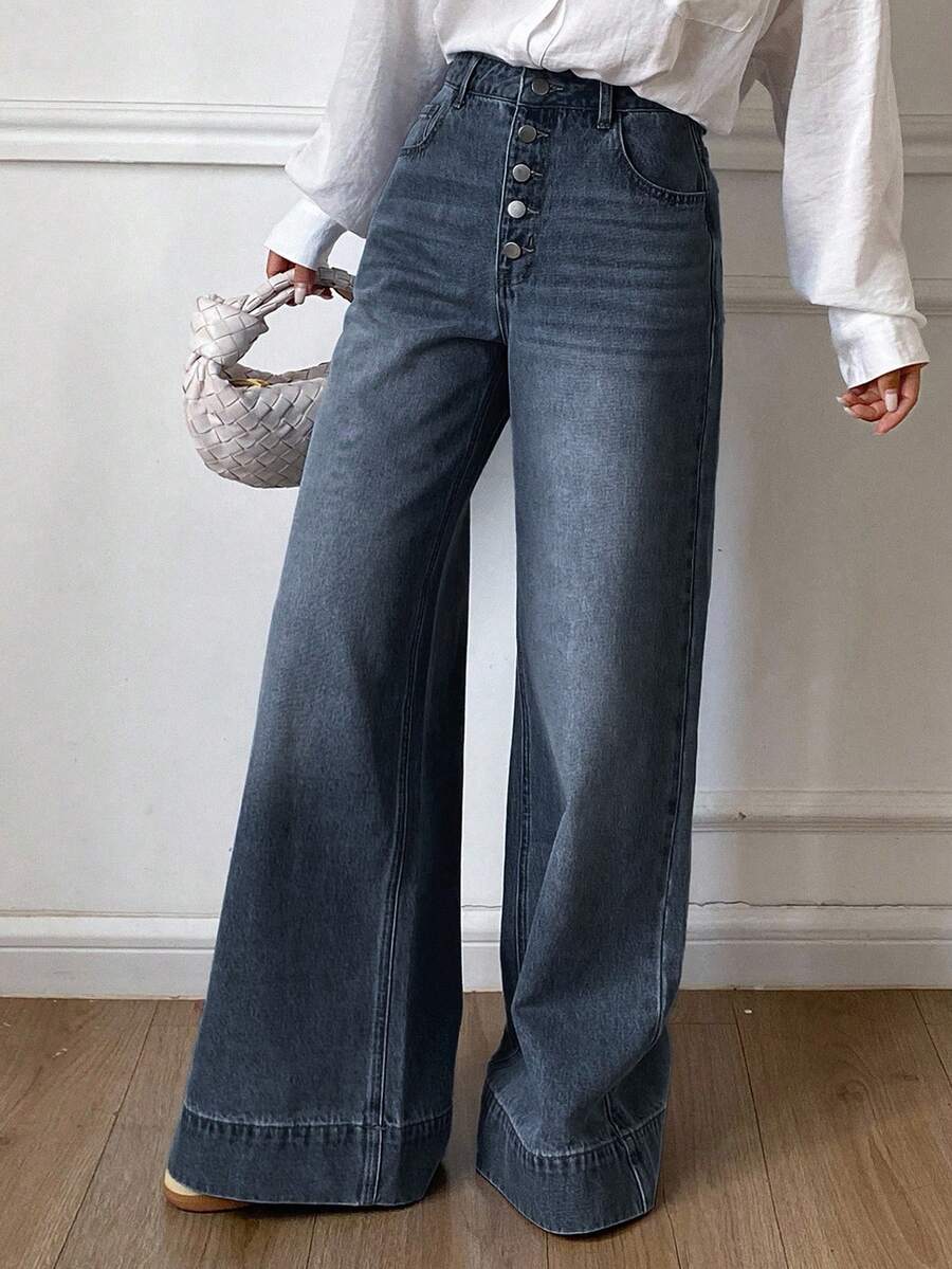 Livesso 女式高腰宽松破洞长款牛仔裤 - 深色水洗藍 - 查看 1