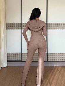 SHEIN PETITE 2 件套女式休闲连帽运动衫，带口袋和罗纹喇叭裤套装，适合日常穿着，秋冬 - 淺粉色 - 查看 4