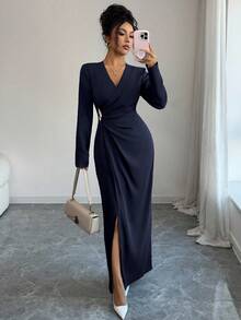 Elenzga Women's Solid Color Long Sleeve Pleated Design Metal Decor Elegant Dress - Navy Blue - View 7