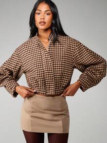 MISSGUIDED Classic Houndstooth Pattern Cropped Jacket Button Front Fall Winter Outerwear - Brown - View 6