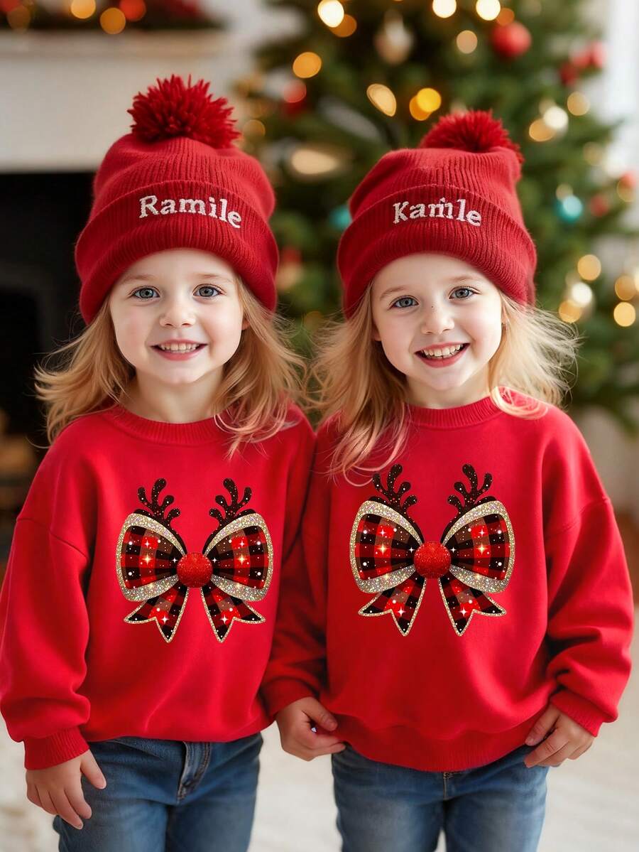 Baby Girl Casual Fashion Colorful Gradient Letter Graphic Print Basic Round Neck Sweatshirt, Sibling Matching (Sold Separately) - Red - View 1