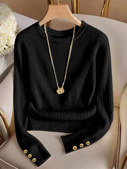 Franclia Elegante camiseta de punto de cuello redondo, top de punto minimalista de moda, otoño/invierno