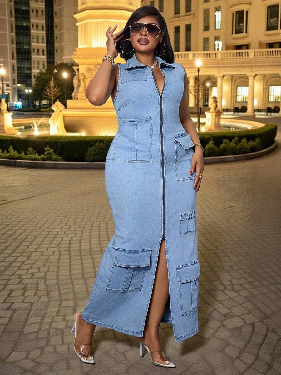 Slaydiva 大码女式牛仔弹力无袖 V 领连衣裙，休闲时尚，商务优雅，多口袋 - 藍色 - 查看 1