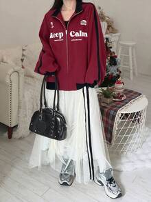 FRIFUL Women's Casual Loose Fit Thermal Lined Letter Graphic Print Pullover Sweatshirt, Street Style - Red - View 3