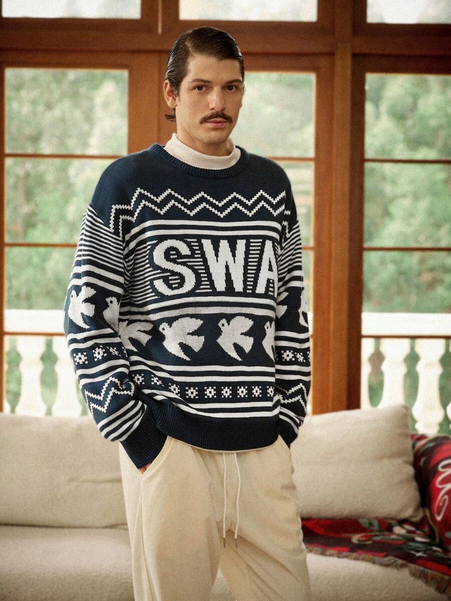 RivetRise Men's Letter & Pigeon Graphic Crew Neck Long Sleeve Casual Sweater, Autumn/Winter Graphic Sweater Men Mens Knit Sweater Pullover Sweater - Multicolor - View 1