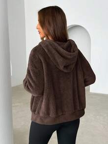 Siren Gaze Women's Solid Color Fluffy Hooded Sweatshirt, Thick Fleece Sweatshirt For Ladies, Autumn/Winter Brown, Fall, Fall Clothes For Women Casual - Chocolate Brown - View 2