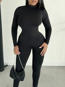 Alexandranx 女士优雅秋冬长袖适合日常通勤、都市时尚、可以聚会、黑色弹力针织紧身方领连体裤 - 黑色 - 查看 4