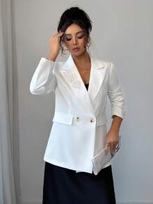 Rafferiza Women's Elegant Rhinestone Embellished Double-Breasted Long Sleeve Blazer - White - View 4