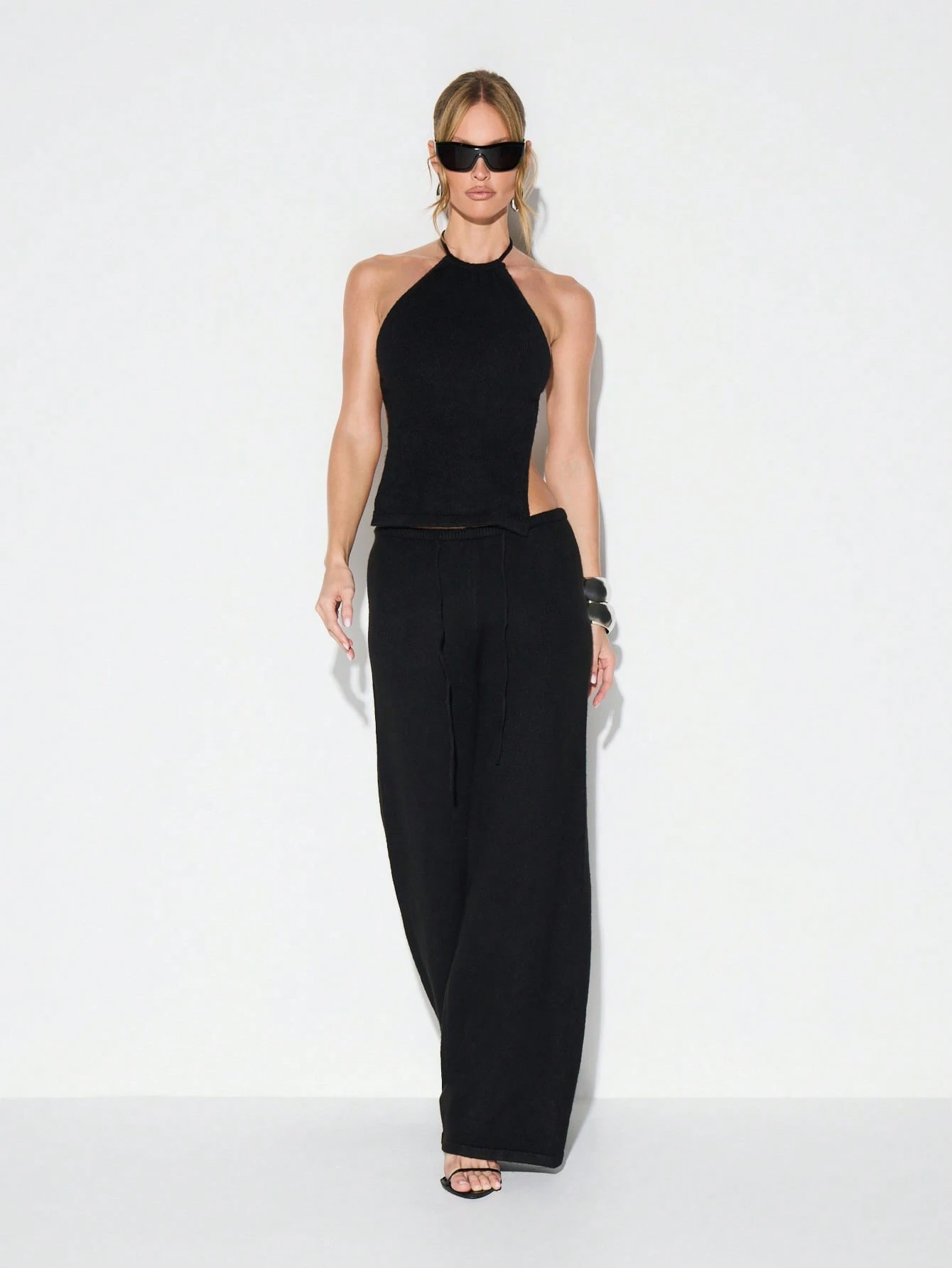 KIZN Ribbed Knit Halter Top With Tie Details