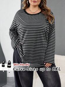 SHEIN CURVE+ Plusstorlek Casual Drop Shoulder Loose Randig T-shirt, Lämplig För Damer På Höst/Vinter - Multifärgad - Visa 1