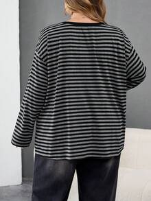 SHEIN CURVE+ Plusstorlek Casual Drop Shoulder Loose Randig T-shirt, Lämplig För Damer På Höst/Vinter - Multifärgad - Visa 2