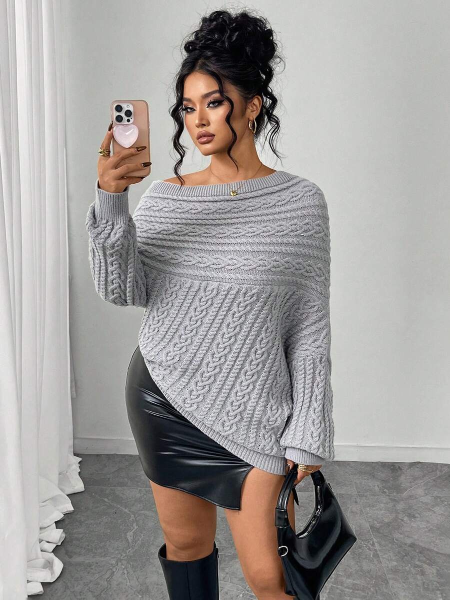 Elenzga Plus Size Women's Twist Rope Solid Color Off-Shoulder Elegant Pullover Sweater, Autumn/Winter - Grey - View 1