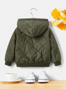 SHEIN 男婴字母贴片细节毛绒内衬拉链连帽绗缝外套男婴夹克冬季 - 軍綠色 - 查看 6