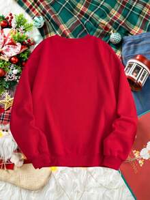 SHEIN LUNE Casual Loose Fit Round Neck Red Christmas Hand-Painted English Letter Christmas Tree Print Sweatshirt, Suitable For Christmas Party, Family Matching, Couples, Autumn/Winter Graphic - Red - View 4