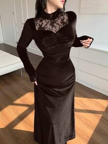 Feyla 女士撞色蕾丝立领长袖褶皱优雅连衣裙长款晚礼服 - 咖啡棕 - 查看 4